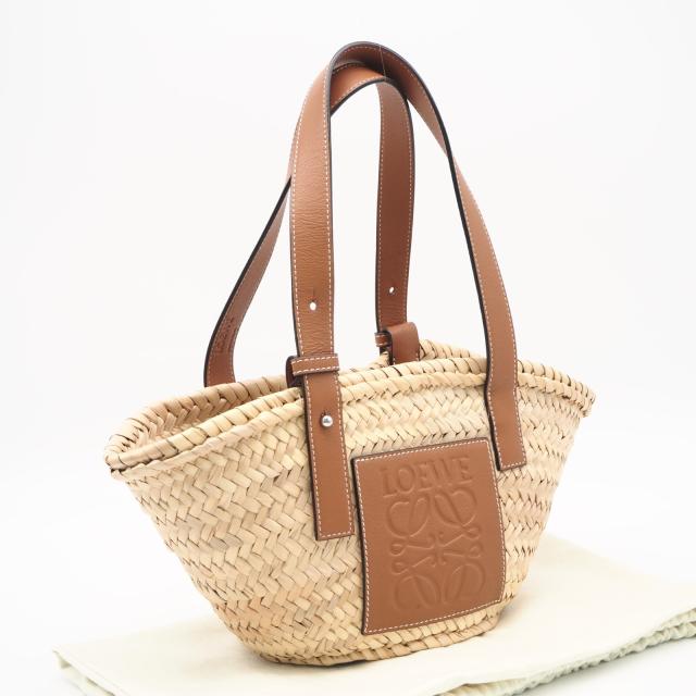 ★3日以内返品可★ 美品 LOEWE ロエベ ヤシの葉&カーフ バスケットバッグ スモール ナチュラル タン 327.02.S93 ハンドバッグ ブラウン カーフレザー ヤシの葉 レディース
