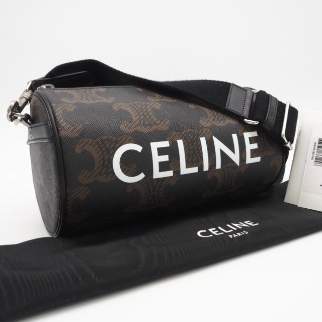 ★3日以内返品可★ 美品 CELINE セリーヌ トリオンフキャンバス シリンダーバッグ 110052EKK ショルダーバッグ ブラウン ブラック ホワイト コーティングキャンバス レザー メンズ