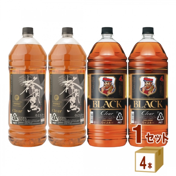 国産ウイスキー 4L 4本 飲み比べ セット ブラックニッカ クリア 蜂角鷹 クリア 各2本 大容量 4000ml 【送料無料※一部地域除く】