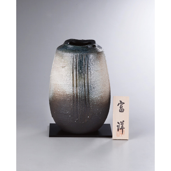 信楽焼 白泥青窯変花瓶 sha-235 【_