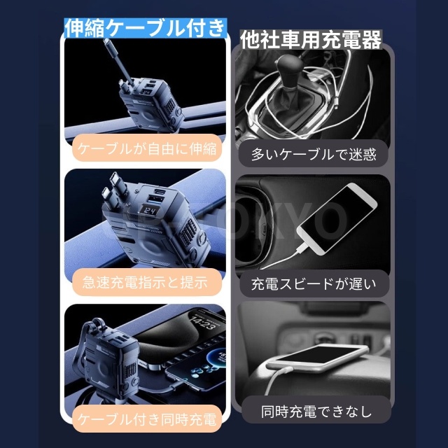 車載充電器 カーチャージャー シガーソケット 4ポート 同時充電 Type-C スマホ 充電器 USB 急速 充電 シガーソケット 延長 充電器 巻き取り リール式 USB Type-C Lightning　4台同時充電 電圧測定 12V 24V車_3