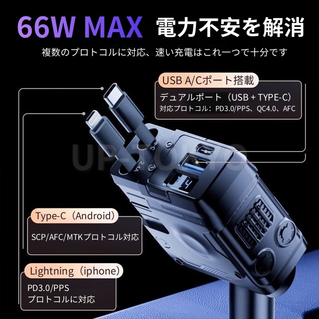 車載充電器 カーチャージャー シガーソケット 4ポート 同時充電 Type-C スマホ 充電器 USB 急速 充電 シガーソケット 延長 充電器 巻き取り リール式 USB Type-C Lightning　4台同時充電 電圧測定 12V 24V車_4