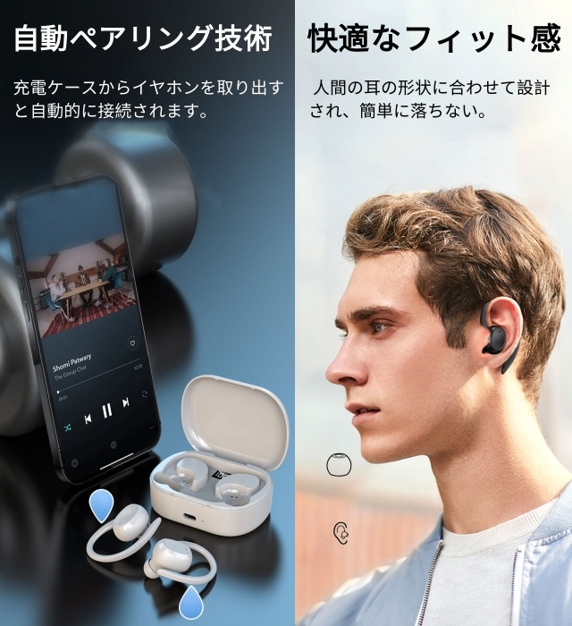 ワイヤレスイヤホン Bluetooth5.3 耳かけ式 ブルートゥースイヤホン 片耳 両耳マイク内蔵 生活防水 Siri対応 iPhone/iPad/Android/Windows適用 小型軽量 スポーツ向け 通勤 通学 ランニング 出張 プレゼント ギフト_3