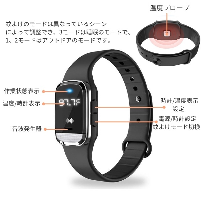 蚊除け 蚊除けけリング 超音波蚊よけブレスレット リストバンド式3段階調節可 一台3役腕時計 USB充電式 携帯便利 蚊忌避 虫対策 無毒 アウトドア山登り 釣り 公園 子供/大人兼用 M20_8