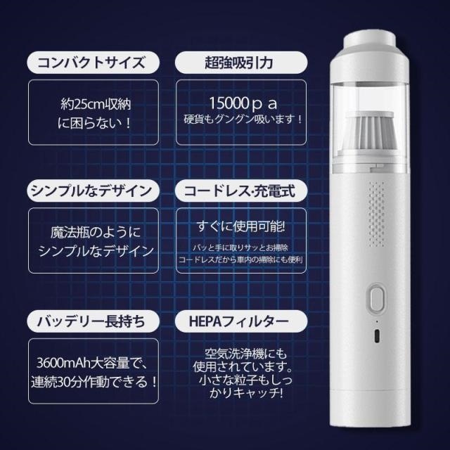即納 ハンディークリーナー 車 強力 掃除機 クリーナー コードレス 15000Pa吸引力 USB充電式 小型 ミニ 車載掃除機 車内 狭い 隙間 便利 水洗い 充電式 ハンディ_3