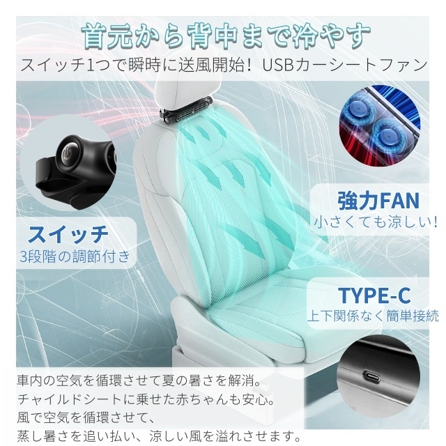 車用シートファン 扇風機 3色 ブラック ホワイト ベージュ USB ヘッドレスト コンパクト 3段階風量調節 車載 送風機 シートクーラー 背中 首もと 涼しい 空調 暑さ対策 ベビーシート カー用品 車載シートファン 取り付け簡単 蒸れる 汗 快適 クーラー_2
