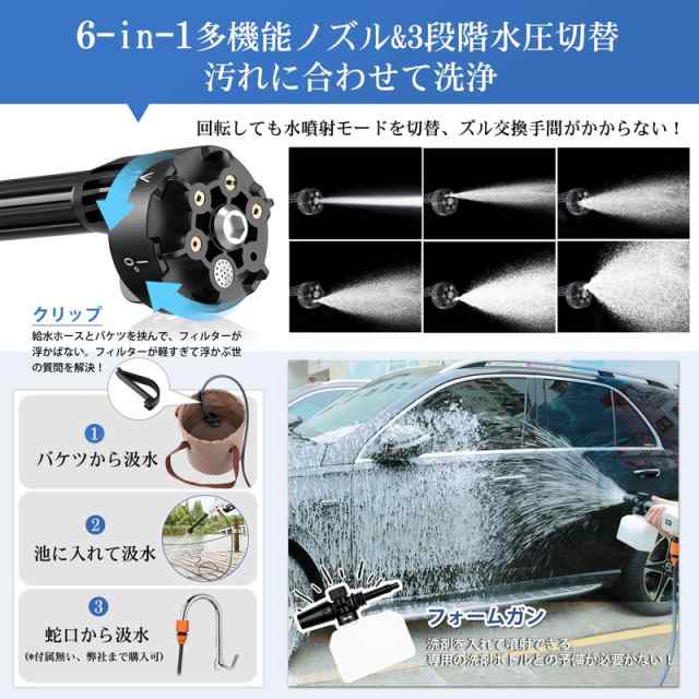 高圧洗浄機 コードレス 充電式 5Mpa高圧力 水噴射量5.2L/min 3速調整