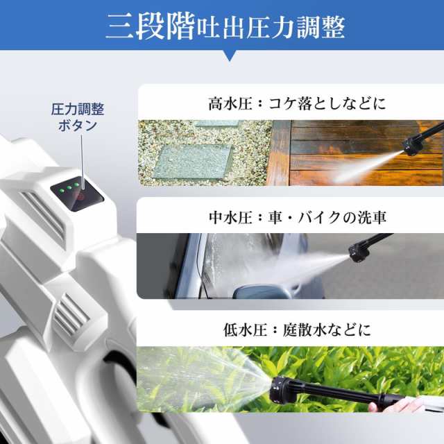 高圧洗浄機 コードレス 充電式 5Mpa高圧力 水噴射量5.2L/min 3速調整