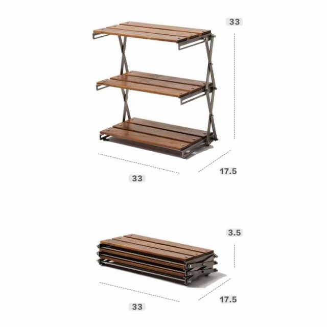 キャンプ 木製 ラック 3段 折りたたみ式 折り畳み式 収納ポーチ付き