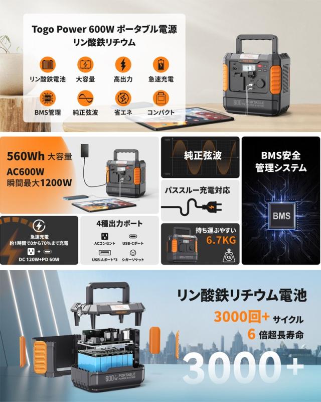 Togo Power ポータブル電源 リン酸鉄 600W 大容量 小型 蓄電池 560Wh 