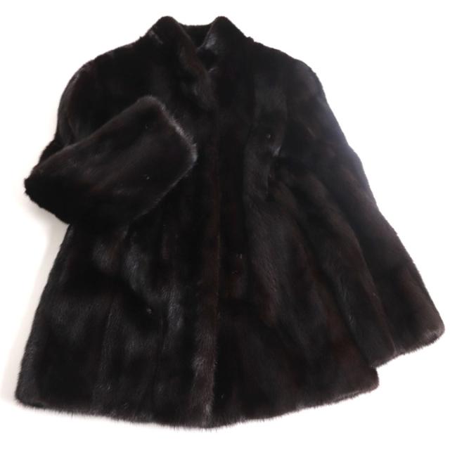 極美品◆MINK ミンク 裏地花柄刺繍入り 本毛皮コート ダークブラウン（ブラックに近い） 毛質艶やか・柔らか◎