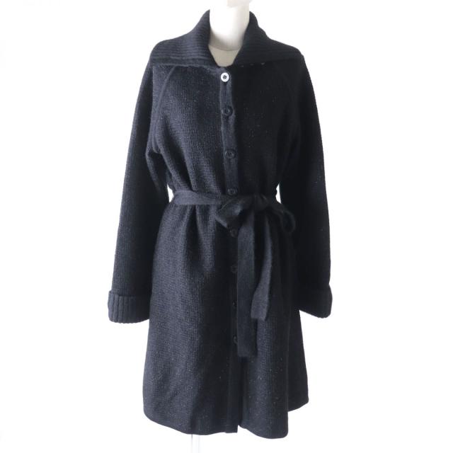 極美品★正規品 レオナール ファッション ショールカラー ラメ入り 裏地花柄 モヘア×シルク×カシミヤ混 ニットコート 黒 LL ベルト付の通販は