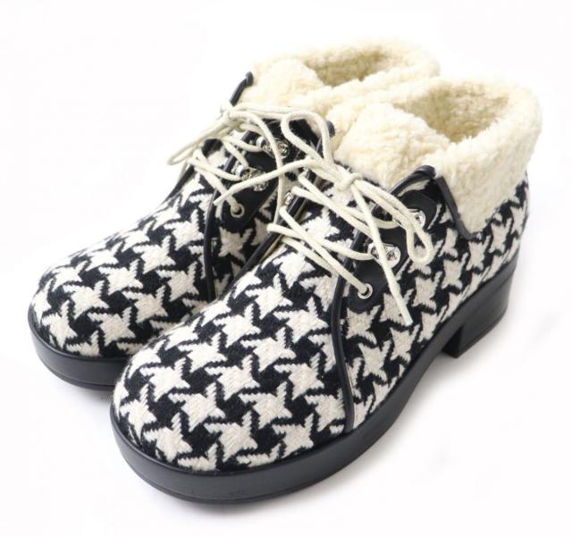 未使用品★GUCCI グッチ 19AW 591039 ハウンドトゥース／千鳥柄 内ボア レースアップ ショートブーツ ブラック×アイボリー 37 イタリア製の通販は 24,750円