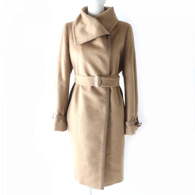 美品△正規品 MaxMara マックスマーラ 白タグ レディース キャメル100％ ベルト付き レザー使い ロングコート ブラウン系 42 イタリア製の通販は