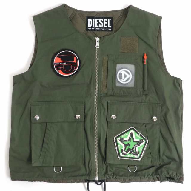 極美品□DIESEL/ディーゼル パッチワーク ジップアップ J-LUKI JACKET ミリタリーベスト/ユーティリティベスト/ジレ カーキ XL 正規品の通販は