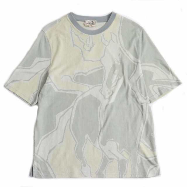 極美品●2021年製 HERMES エルメス 鹿の子生地 Dance of Horses Light 半袖 Tシャツ/カットソー グレー×クリーム L 伊製 正規品