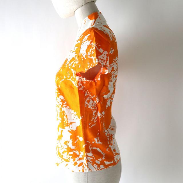 極美品◎仏製 HERMES エルメス マルジェラ期 レディース シェルロゴボタン コットン×リネン 半袖シャツ ホワイト×オレンジ 総柄 36 極美品◎仏製 HERMES エルメス マルジェラ期 レディース シェルロゴ