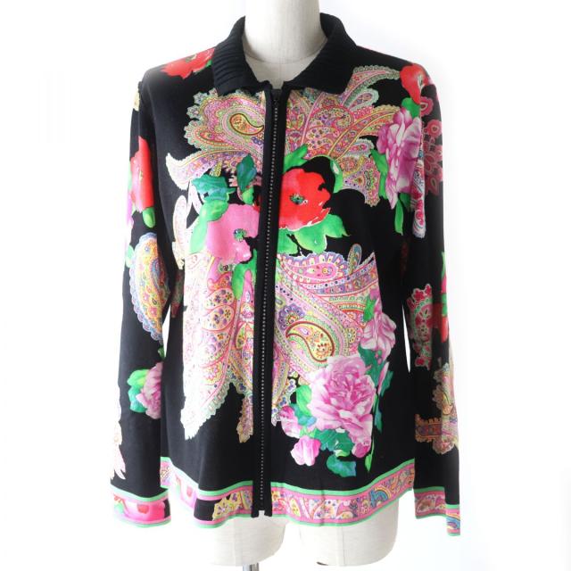 【ドンドン見直し】美品★正規品 レオナール 0337213 花柄×ペイズリー柄 ラインストーン付 ZIP UP カーディガン LL 日本製 コットン