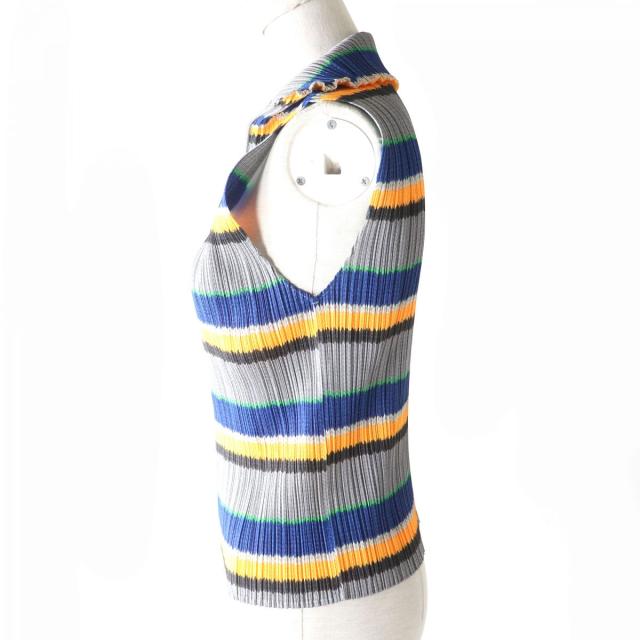 PLEATS PLEASE ISSEY MIYAKE - 極美品△正規品 プリーツプリーズ イッセイミヤケ PP14-JE821 ボーダー柄 フルジップ ノースリーブ カットソー ベスト レディース 3 マルチ 極美品△正規品 プリーツプリーズ イッセイミヤケ PP14-JE821