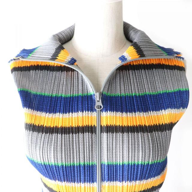 PLEATS PLEASE ISSEY MIYAKE - 極美品△正規品 プリーツプリーズ イッセイミヤケ PP14-JE821 ボーダー柄 フルジップ ノースリーブ カットソー ベスト レディース 3 マルチ 極美品△正規品 プリーツプリーズ イッセイミヤケ PP14-JE821