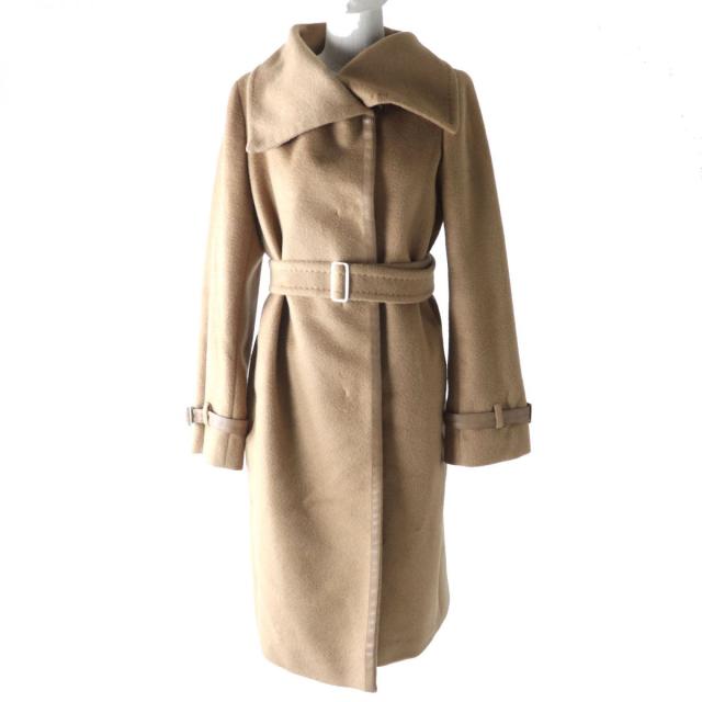 極美品★正規品 ＭaxMara マックスマーラ 白タグ キャメル100％ ベルト付 レザートリミング ショールカラー コート キャメル 42 伊製