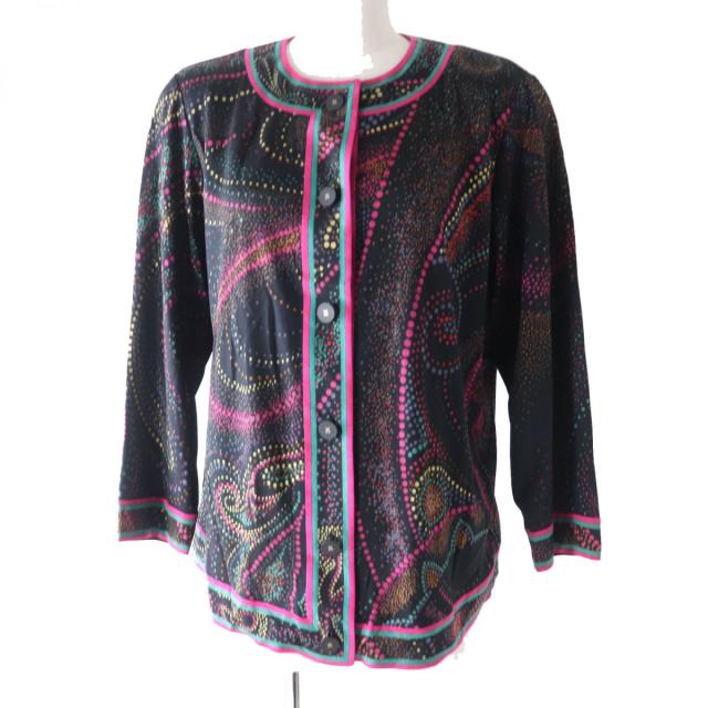 【ドンドン見直し】美品◎正規 日本製 LEONARD FASHION レオナール 0349128 シルク混 ウール ジャケット／カーディガン 黒×マルチ L