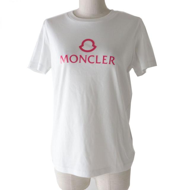 極美品◎正規品 MONCLER モンクレール 22SS レディース コットン100％ ロゴ入り Tシャツ／半袖カットソー ホワイト×ピンク XS タグ付きの通販は