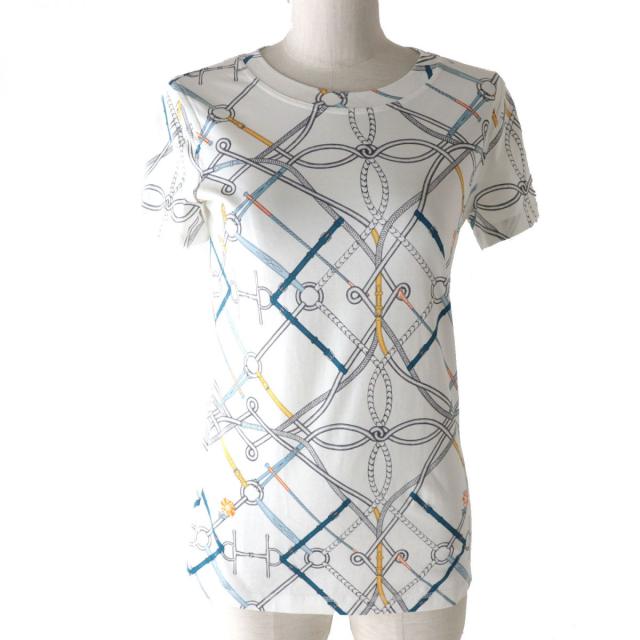 極美品★正規品 HERMES エルメス 21SS 完璧なコース プリント クルーネック 半袖 Tシャツ／カットソー／トップス ホワイト×マルチ 34 仏製の通販は 36,300円