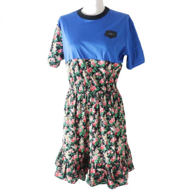 美品◎正規品 19AW 伊製 LV ルイヴィトン 1A5RK0 レディース 半袖 フローラル バイファブリック 切替 ドレス／ワンピース ブルー×花柄 Lの通販は