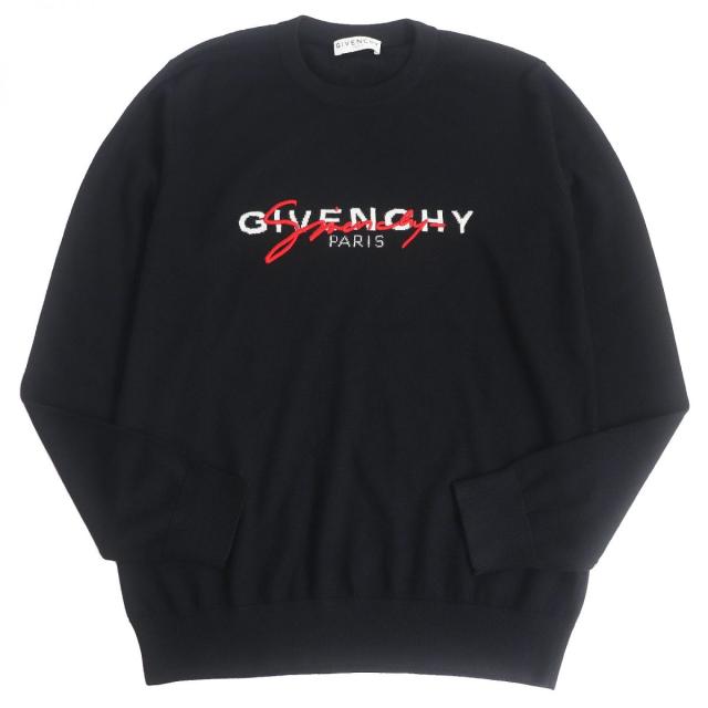美品□19AW GIVENCHY/ジバンシィ BM90B1404X シグネチャーロゴ エンブロイダリー ウール100％ 長袖ニット/セーター ブラック XL 伊製 正規の通販は