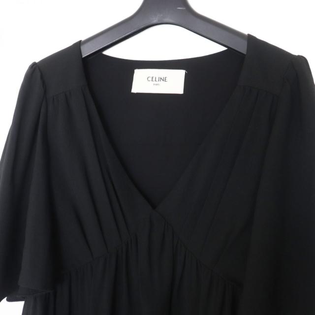 極美品◎正規品 フランス製 CELINE セリーヌ 2R412865C キャップスリーブ付きフルイドドレス／ワンピース ブラック 34_2