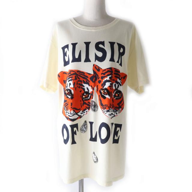 GUCCI - 未使用品☆正規品 グッチ 19AW 492347 タイガープリント・スパンコール付 コットン 半袖 Tシャツ/トップス アイボリー×マルチ M 伊製 未使用品☆正規品 グッチ 19AW 492347 タイガープリント
