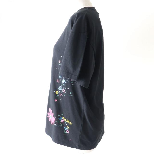 未使用品★正規品 MIUMIU ミュウミュウ MJN213 20SS フラワーペイント クルーネック 半袖 Tシャツ／トップス  黒×マルチ XS 伊製 タグ付 未使用品☆正規品 MIUMIU ミュウミュウ MJN213 20SS フラワー