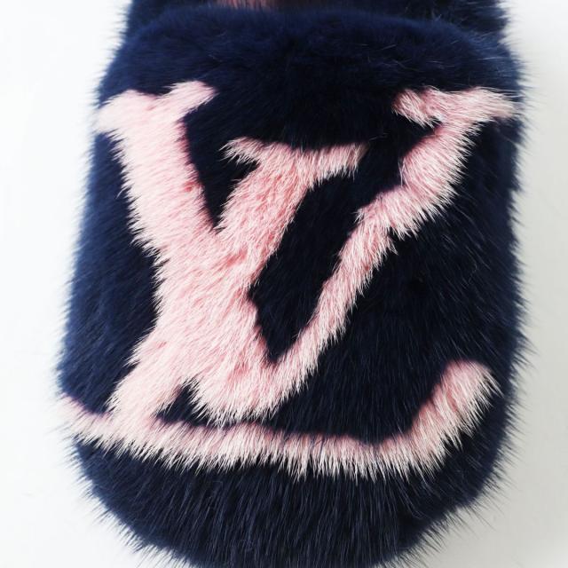 【ドンドン見直し】極美品 ルイヴィトン 定価258400円 ドリーミーライン LVロゴ ミンクファー スリッパ／ルームシューズ ネイビー 38 箱 ドンドン見直し】極美品 ルイヴィトン 定価258400円 ドリーミーライン