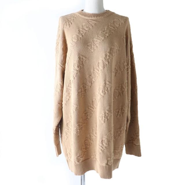 【ドンドン見直し】極美品☆バレンシアガ 20年 599886 オールオーバー ロゴ クルーネック 長袖 ニット セーター ベージュ XS イタリア製