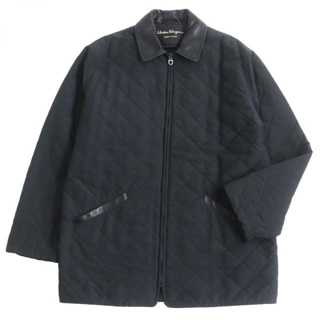 【ドンドン見直し】良品□サルヴァトーレフェラガモ 襟元レザー ガンチーニ金具 キルティングコート/ジャケット 黒 50 伊製 正規品