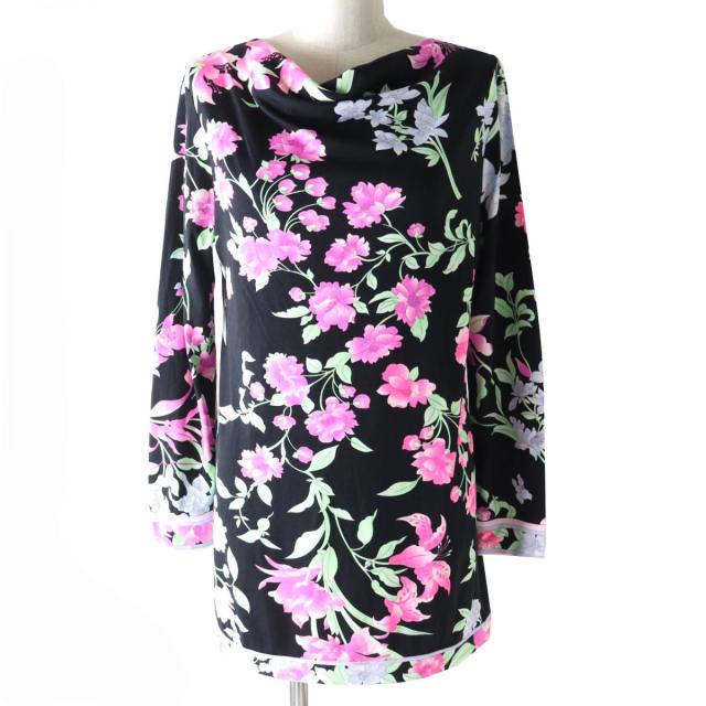 LEONARD - 極美品△正規品 LEONARD FUCHSIA レオナール フューシャ レディース 花柄 長袖 カットソー／チュニック ブラック×ピンク系 40 イタリア製 極美品△正規品 LEONARD FUCHSIA レオナール フューシャ