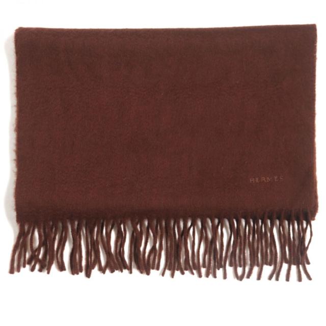 【ドンドン見直し】美品▼エルメス ロゴ刺繍入り フリンジ付き カシミヤ100% マフラー レッドブラウン スコットランド製 メンズ 箱付き