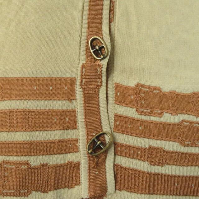 良品☆HERMES エルメス バックルボタン付き ベルトデザイン 長袖 Vネック カーディガン ベージュ×ブラウン 40 レディース イタリア製 良品☆HERMES エルメス バックルボタン付き ベルトデザイン 長袖