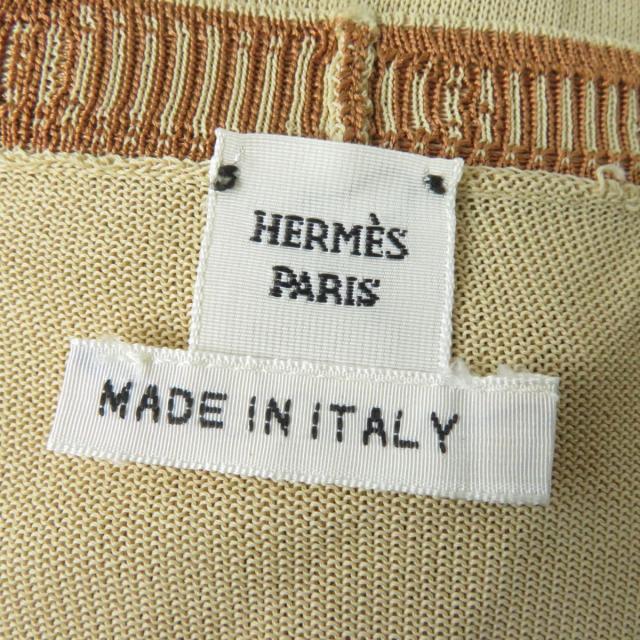 良品☆HERMES エルメス バックルボタン付き ベルトデザイン 長袖 Vネック カーディガン ベージュ×ブラウン 40 レディース イタリア製 良品☆HERMES エルメス バックルボタン付き ベルトデザイン 長袖