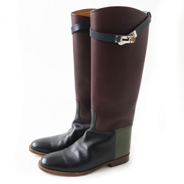美品◎イタリア製 HERMES エルメス レディース ケリー金具 レザー ジャンピングブーツ 配色デザイン ボルドー×カーキ×ブラック 36の通販は