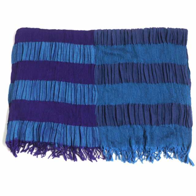 極美品▼ISSEY MIYAKE MEN イッセイミヤケメン ボーダー柄 フリンジ付き シルク×ウール 大判ストール 青×パープル 日本製 メンズ 正規品の通販は