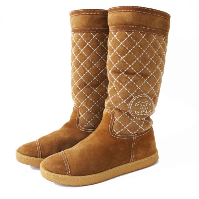 美品◎CHANEL シャネル 12A G28518 レディース ココマーク マトラッセ スウェード ロングムートンブーツ マロン クレール 36 箱・保管袋付の通販は