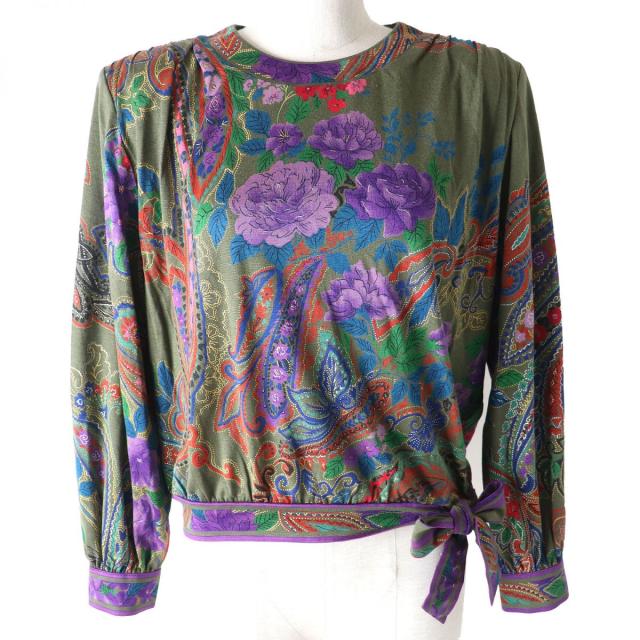 極美品△レオナールファッション 総柄 裾リボンモチーフ ウール×シルク 長袖 プルオーバー トップス/カットソー パープル×マルチカラー Mの通販は 8,712円