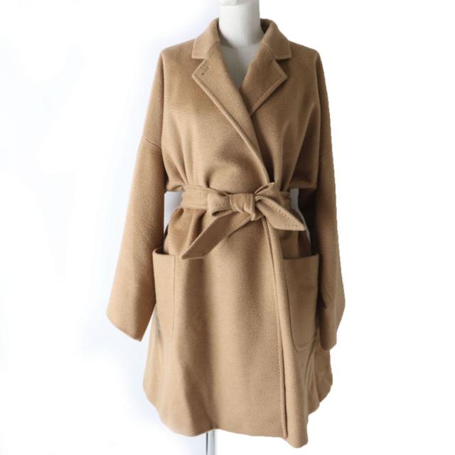 極美品☆正規品 白タグ MaxMara マックスマーラ キャメル100％ ベルト付き ラップコート キャメル 44 レディース イタリア製の通販は