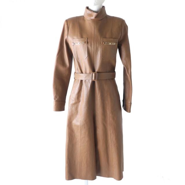 極美品★定価682000円 正規 セリーヌ 2G117097H モックネック  グレインドレザー コンビネゾン トリオンフ金具・ベルト付 茶 38 伊製