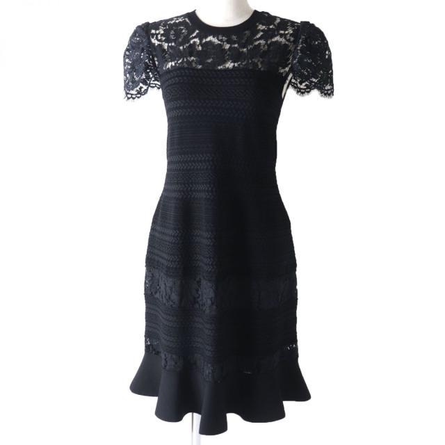極美品☆正規品 VALENTINO ヴァレンティノ IB3KD00A1PJ パフスリーブ レース切替 裏地シルク91% レーヨンニットワンピース ブラック M 伊製の通販は