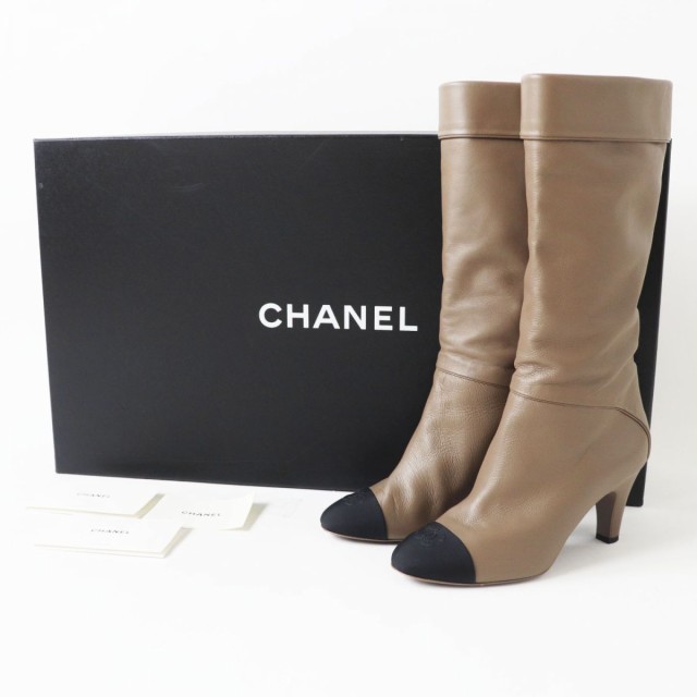 美品◎イタリア製 CHANEL シャネル G36438 レディース ココマーク レザーロングブーツ バイカラー グレージュ系×ブラック 37 1／2 箱付きの通販は