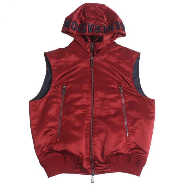 美品□2019年製 黒タグ エンポリオアルマーニ バックロゴ刺繍 レイヤードデザイン WZIP フーデッド 中綿ベスト/ジレ レッド 50 正規品の通販は