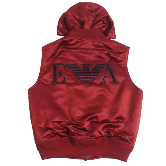 美品□2019年製 黒タグ エンポリオアルマーニ バックロゴ刺繍 レイヤードデザイン WZIP フーデッド 中綿ベスト/ジレ レッド 50 正規品の通販は 美品□2019年製 黒タグ エンポリオアルマーニ バックロゴ刺繍 レイヤードデザイン WZIP フーデッド 中綿ベスト/ジレ レッド 50 正規品の通販は